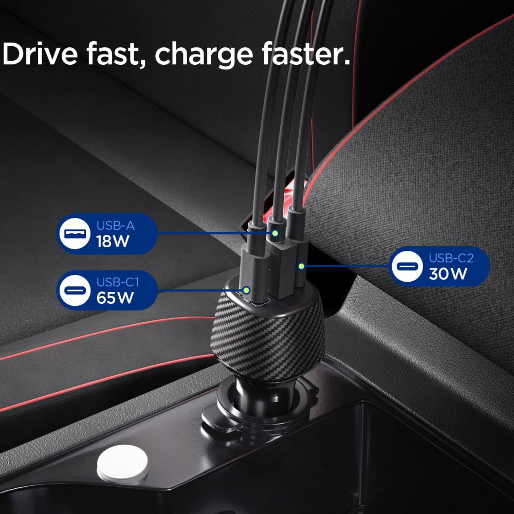 Bilader med USB-C-kabel Spigen EV1133, 113W, 3.25A, 1 x USB-A - 2 x USB-C, Svart