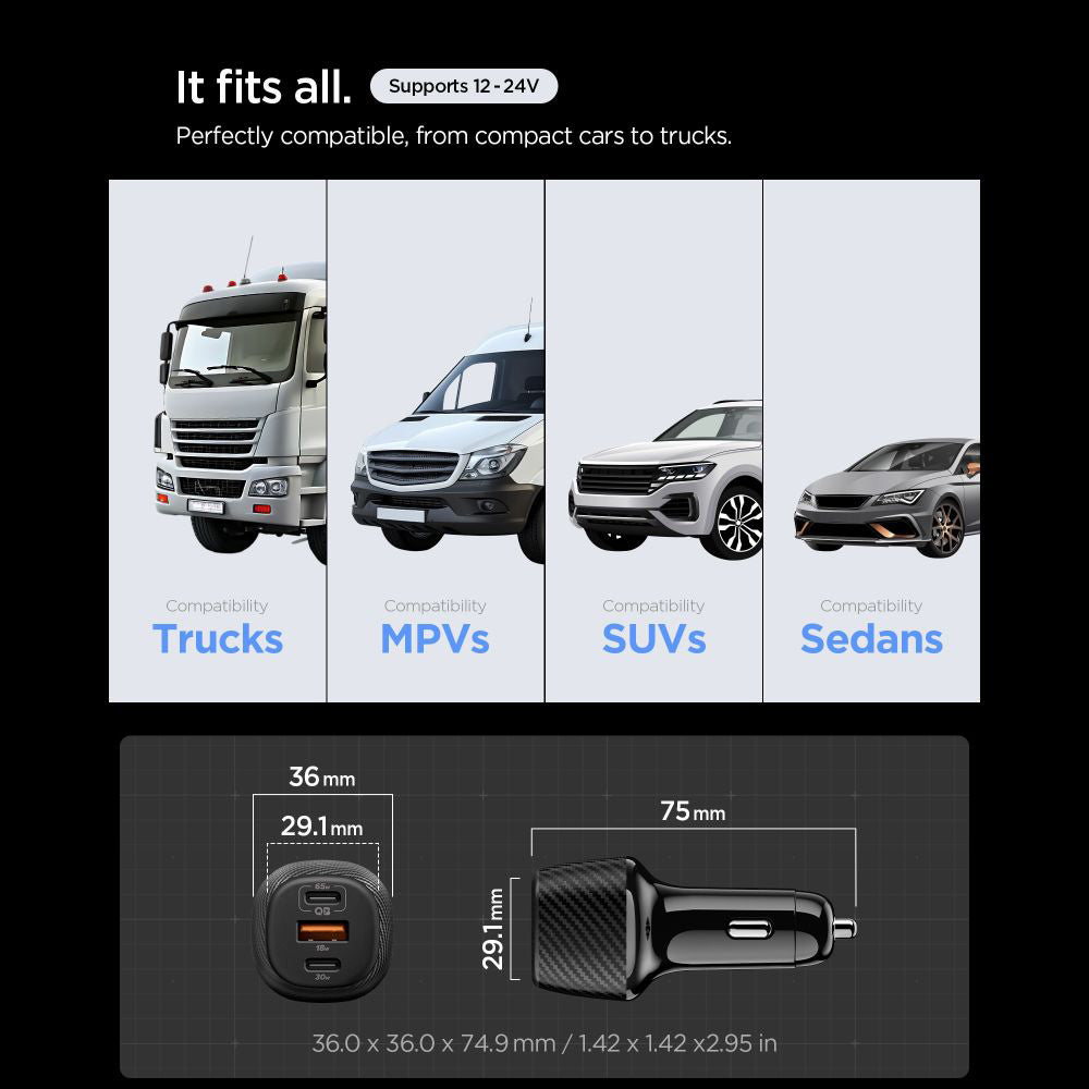 Bilader med USB-C-kabel Spigen EV1133, 113W, 3.25A, 1 x USB-A - 2 x USB-C, Svart