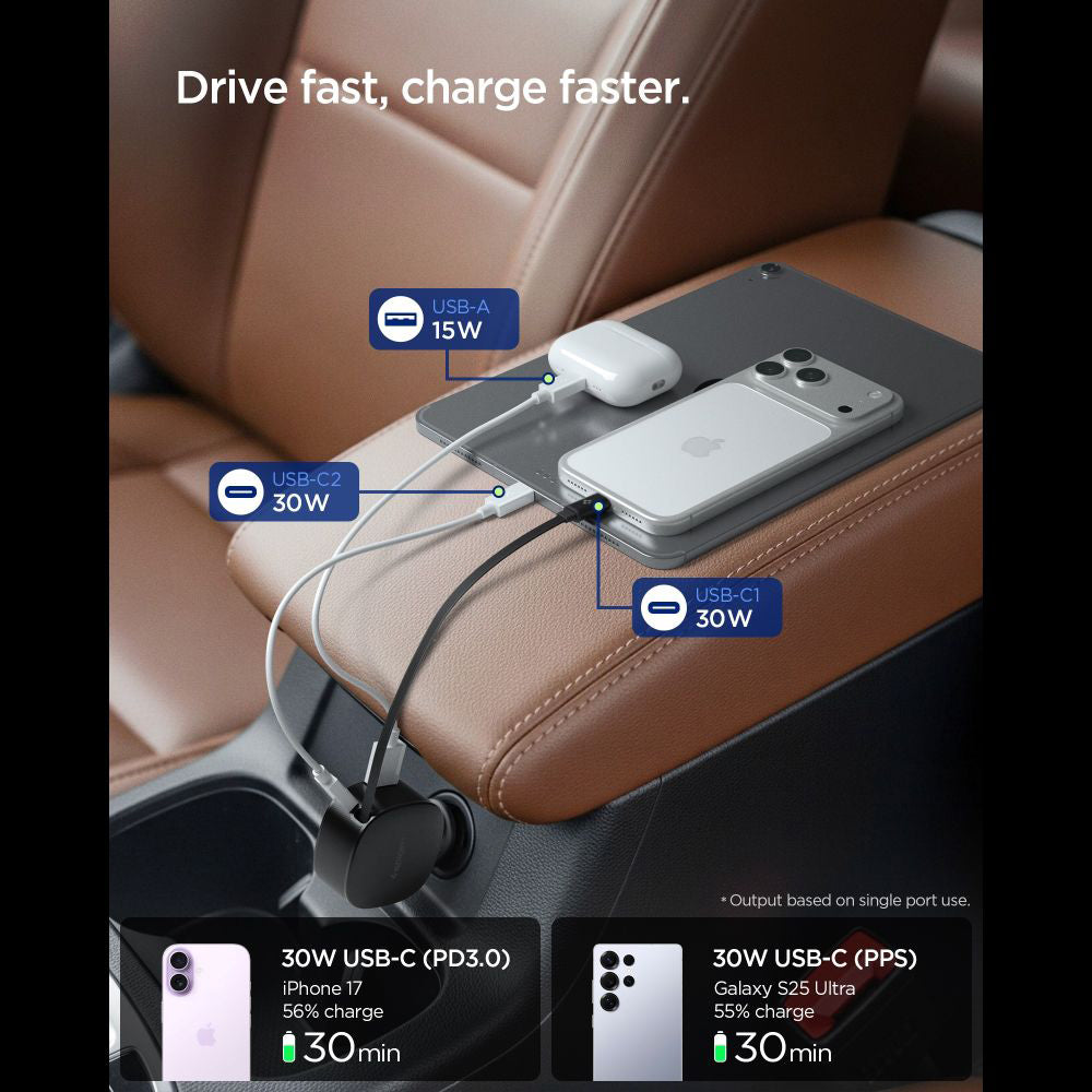 Bilader med USB-C-kabel Spigen EV603BT Essential, 60W, 3A, 1 x USB-A - 1 x USB-C, Svart
