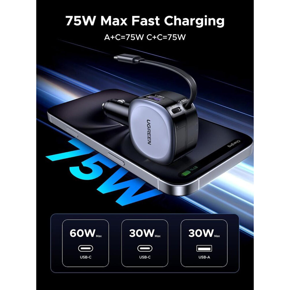 Bilader med USB-C-kabel UGREEN EC601, 75W, 3A, 1 x USB-A - 1 x USB-C, Grå