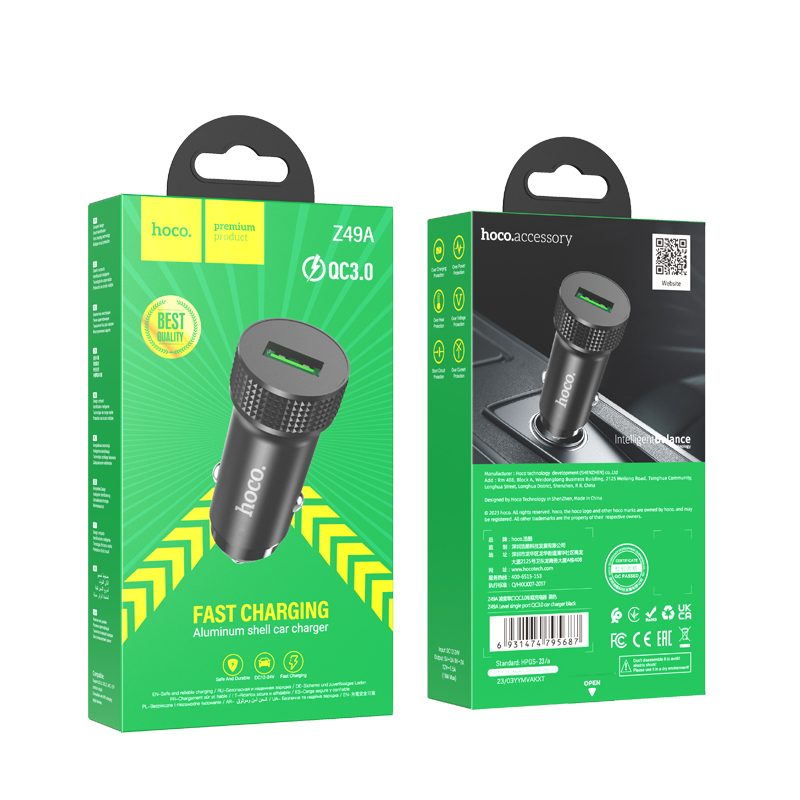 Biloplader HOCO Z49A, 18W, 3A, 1 x USB-A, Svart