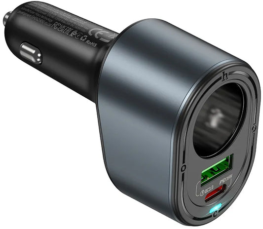 Bilader HOCO Z56, 35W, 3A, 1 x USB-A - 1 x USB-C - 1 x Sigarettennerforlenger, Svart