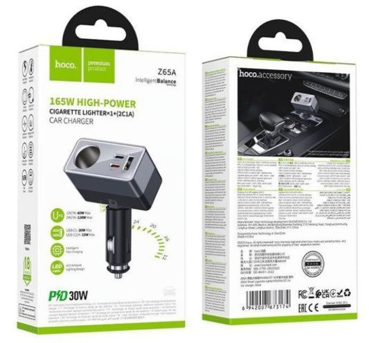 Biloplader HOCO Z65A, 165W, 3A, 1 x Sigarettennerutvidelse - 1 x USB-A - 2 x USB-C, Svart