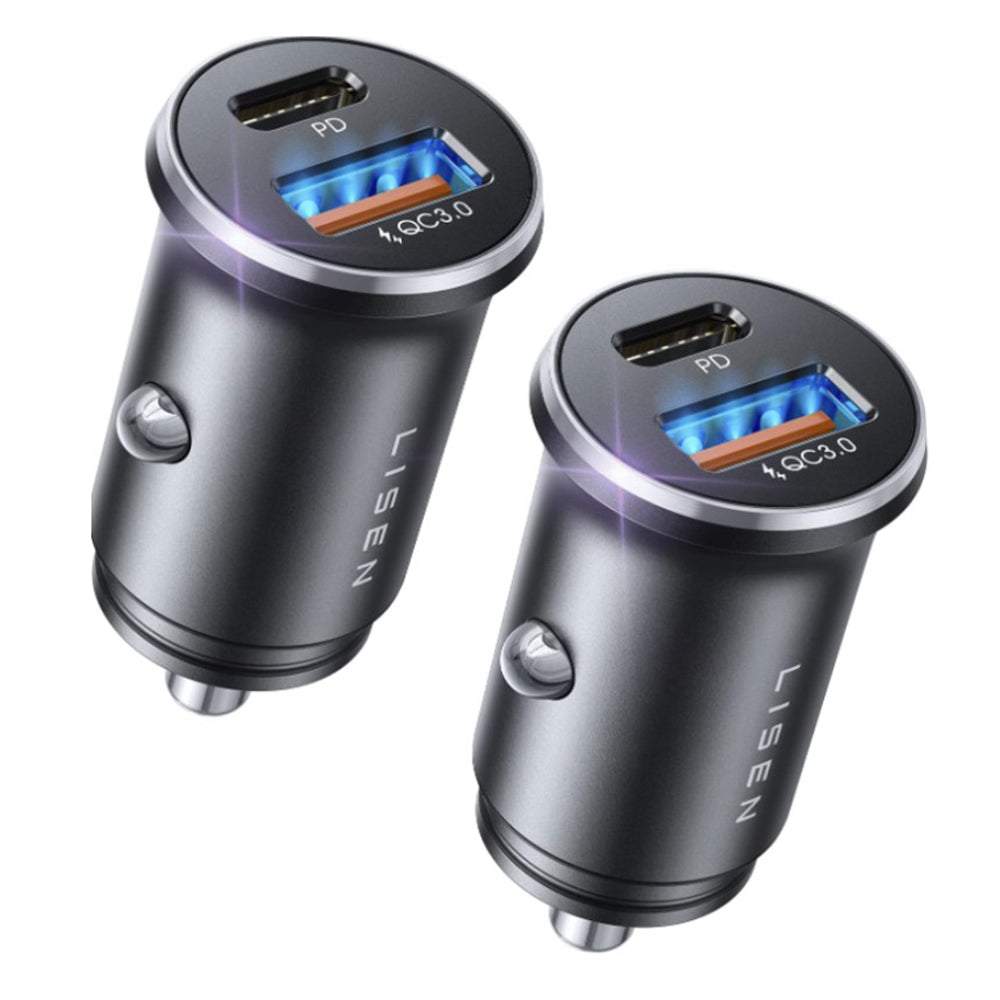Lisen Bil Lader, 51W, 3A, 1 x USB-A - 1 x USB-C, Sett med 2 stykker, Svart YL0223080037