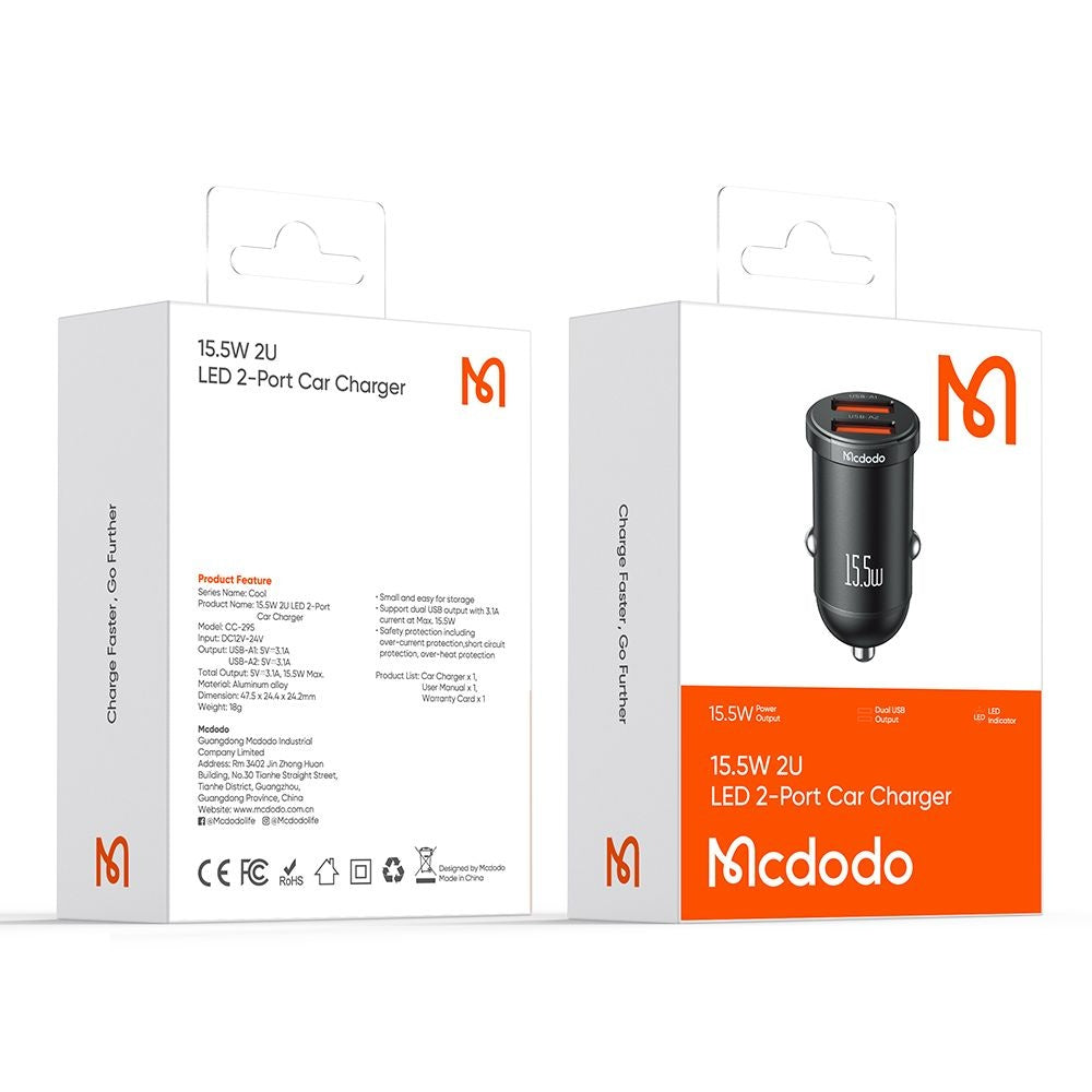 Bilader McDodo CC-2950 Cool, 15.5W, 3.1A, 2 x USB-A, Svart