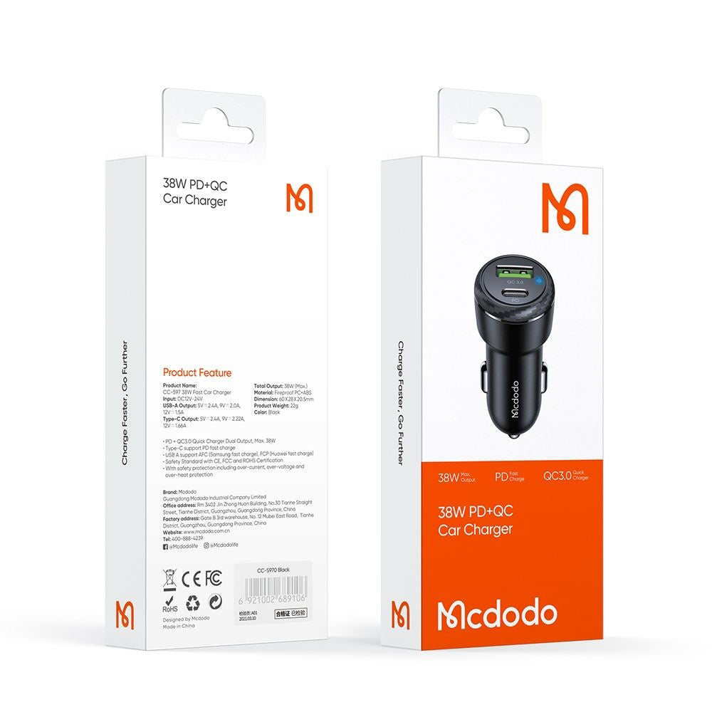 Bilader McDodo CC-5970, 38W, 3A, 1 x USB-A - 1 x USB-C, Svart