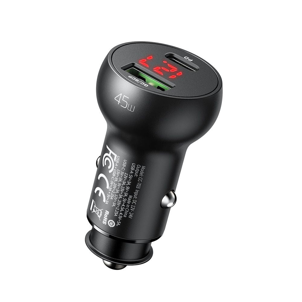 Bilader McDodo CC-7030 Display, 45W, 5A, 1 x USB-A - 1 x USB-C, Svart