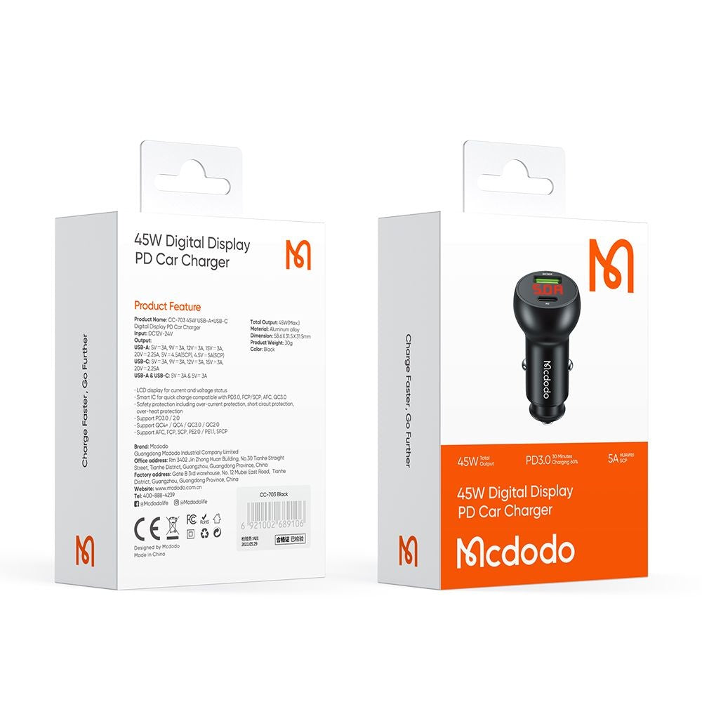 Bilader McDodo CC-7030 Display, 45W, 5A, 1 x USB-A - 1 x USB-C, Svart