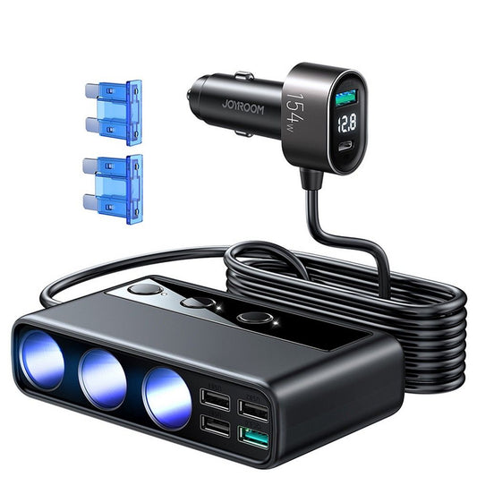 Joyroom billader JR-CL06, 154W, 3A, 1 x USB-C - 4 x sigarettennerutvidelse - 4 x USB-A, svart JYR058BLK JYR058BLK