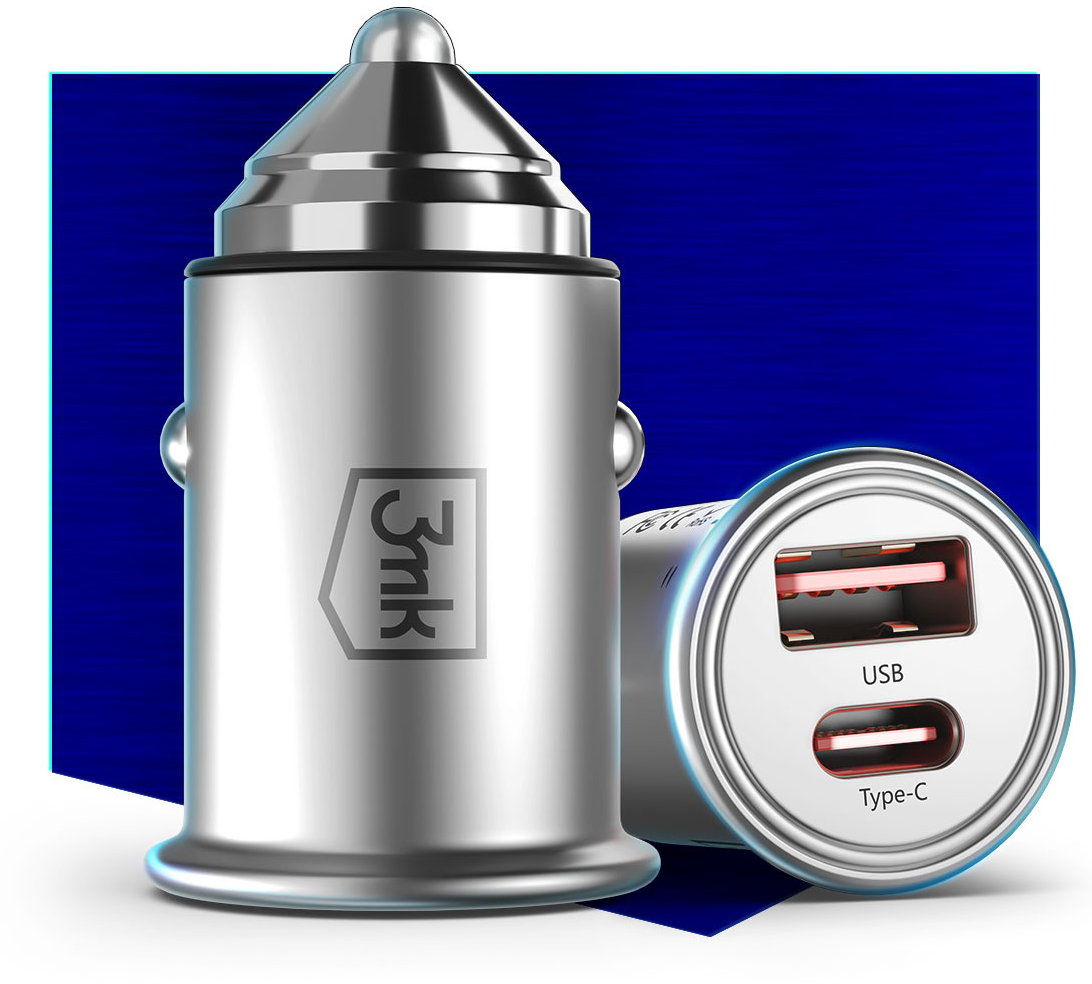 Billader 3MK HyperCharger, 30 W, 5 A, 1 x USB-A - 1 x USB-C, sølv