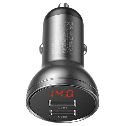 Baseus billader med digital skjerm, 24W, 2,4A, 2 x USB-A, grå CCBX-0G