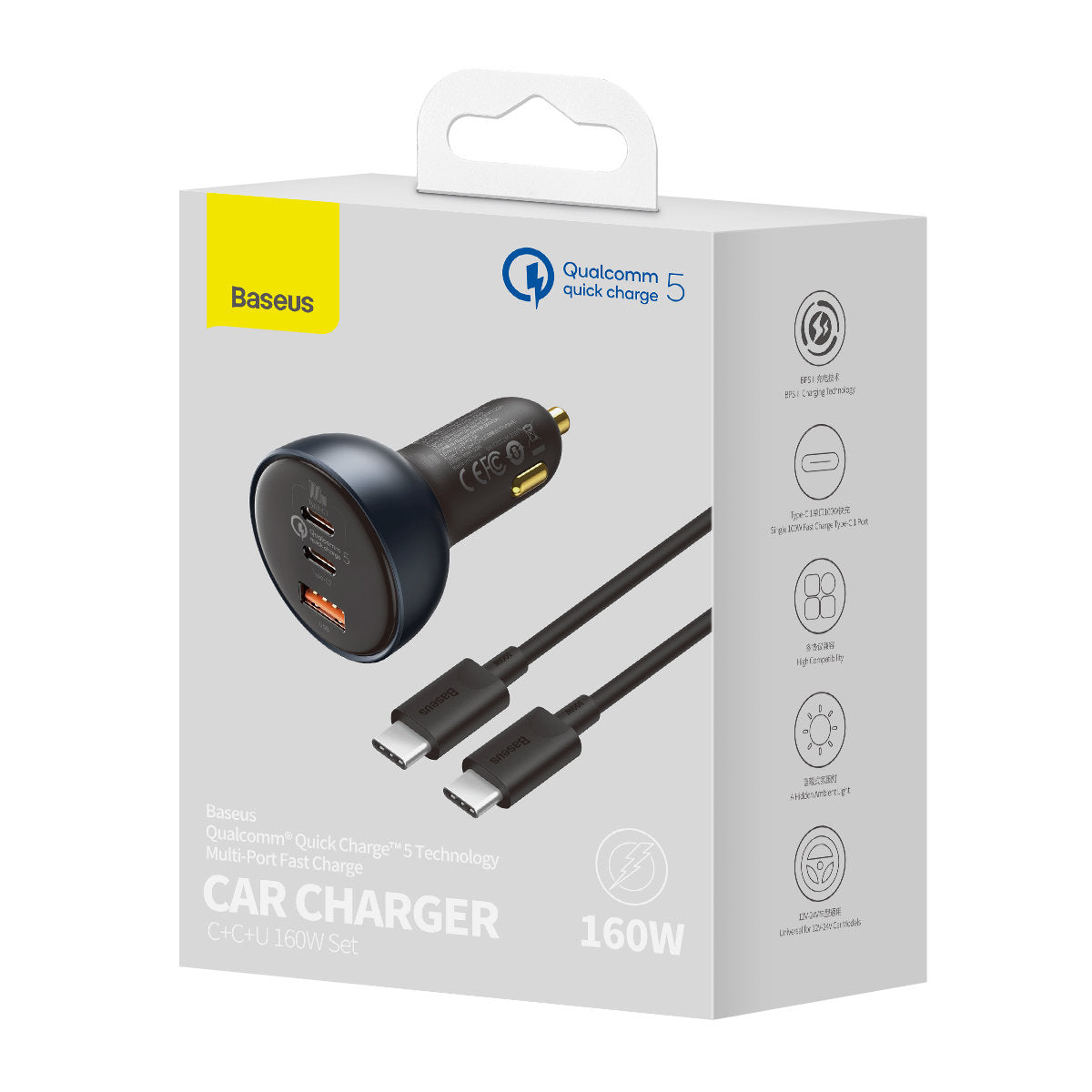 Billadere med USB-C-kabel Baseus Qualcomm, 160W, 3A, 1 x USB-A - 2 x USB-C, grå TZCCZZM-0G