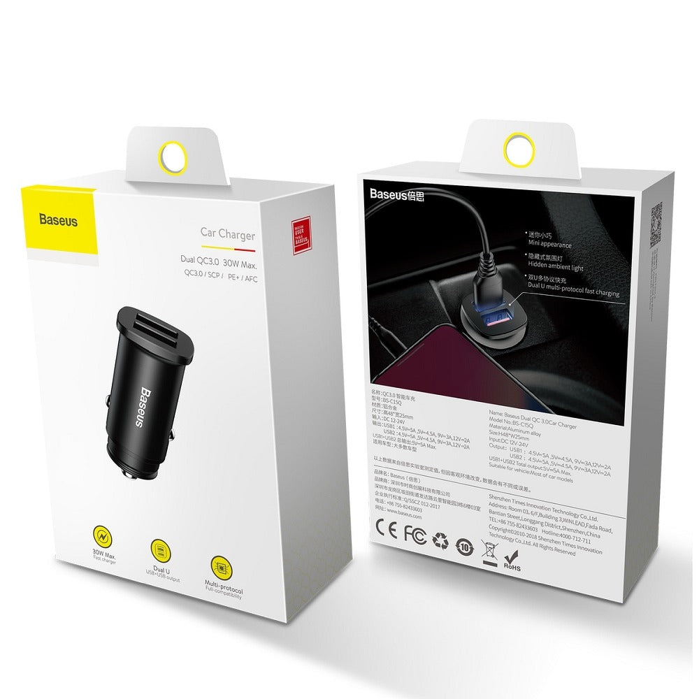 Billadere Baseus BS-C15Q, 30W, 5A, 2 x USB-A, svart CCALL-DS01