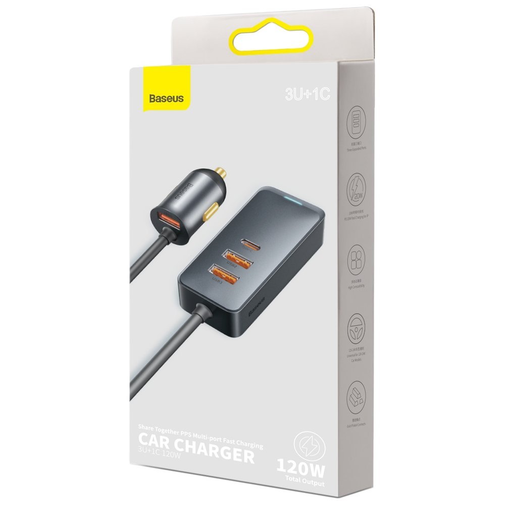 Baseus Share Together billader, 120W, 3A, 3 x USB-A - 1 x USB-C, Grå CCBT-B0G