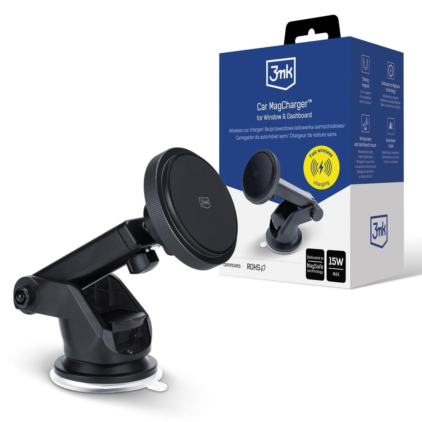 Trådløs Bil Lader 3MK MagCharger, 15W, 1.67A, Svart