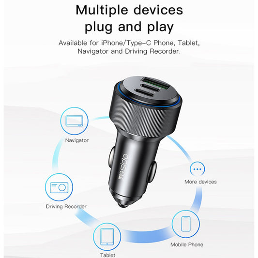 Bilader Yesido Y50, 60W, 3A, 1 x USB-A - 2 x USB-C, Svart