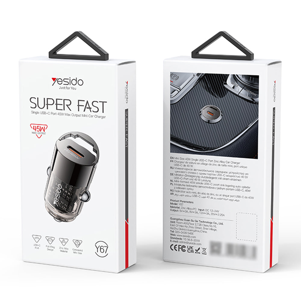 Bilader Yesido Y67, 45W, 3A, 1 x USB-C, Svart