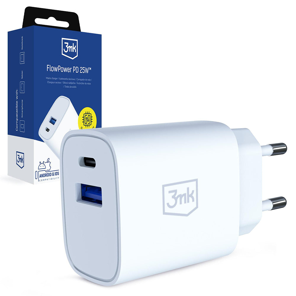 3MK FlowPower nettadapter, 25W, 1 x USB-A - 1 x USB-C, hvit