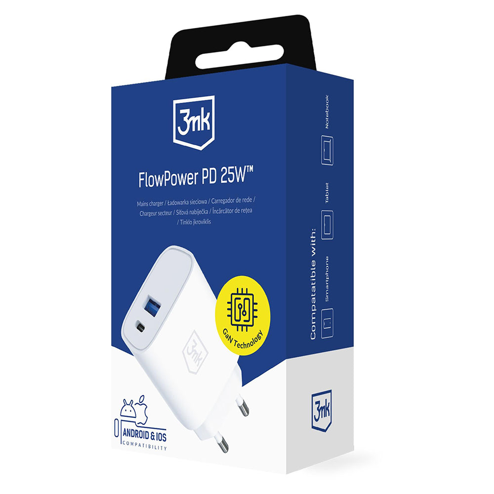 3MK FlowPower nettadapter, 25W, 1 x USB-A - 1 x USB-C, hvit