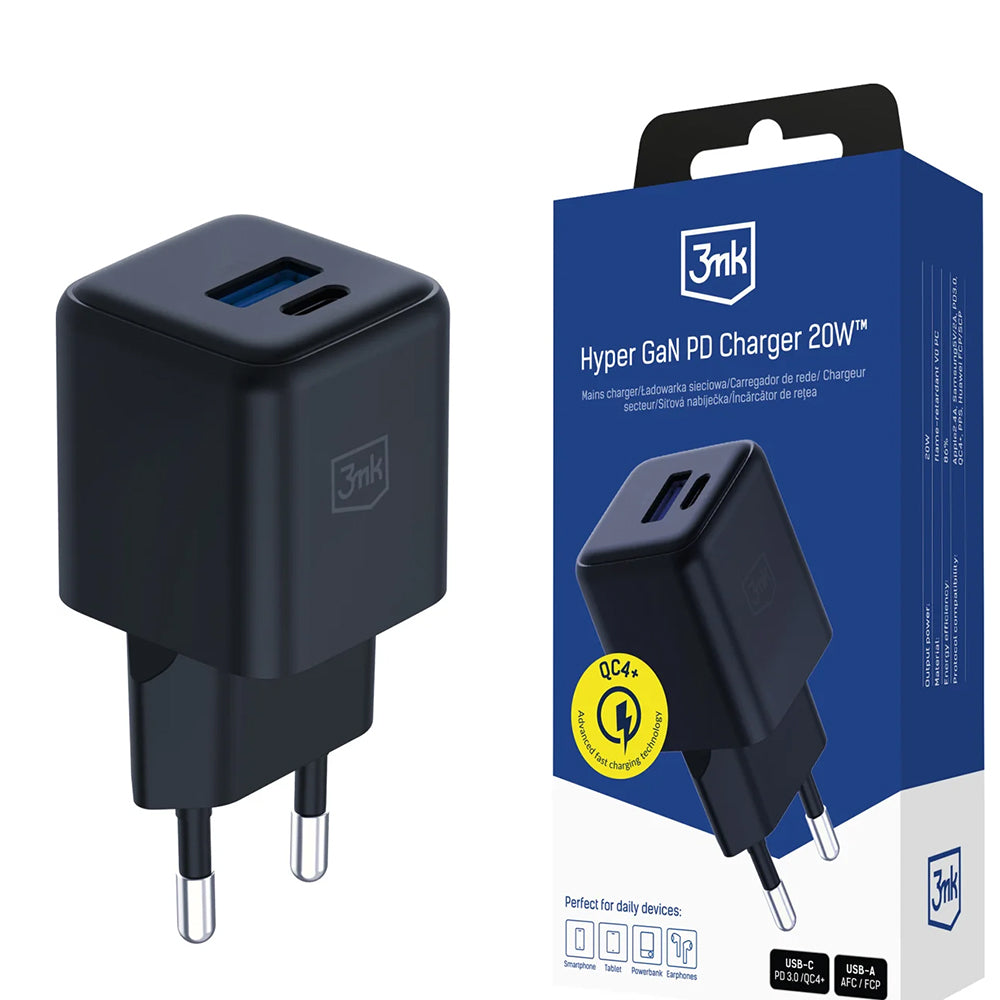 Nettlader 3MK Hyper, 20W, 3A, 1 x USB-A - 1 x USB-C, Svart