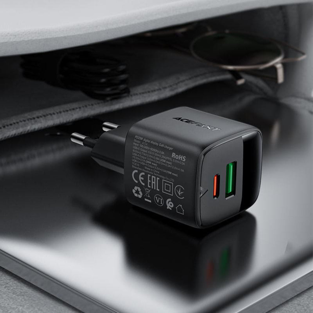 Acefast A114 Display Nettlader, 25W, 3A, 1 x USB-A - 1 x USB-C, Svart