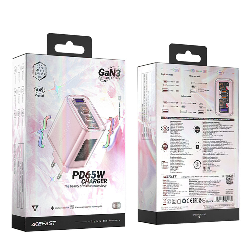 Acefast A45 Exploration nettverkslader, 65W, 3.25A, 1 x USB-A - 2 x USB-C, Rosa