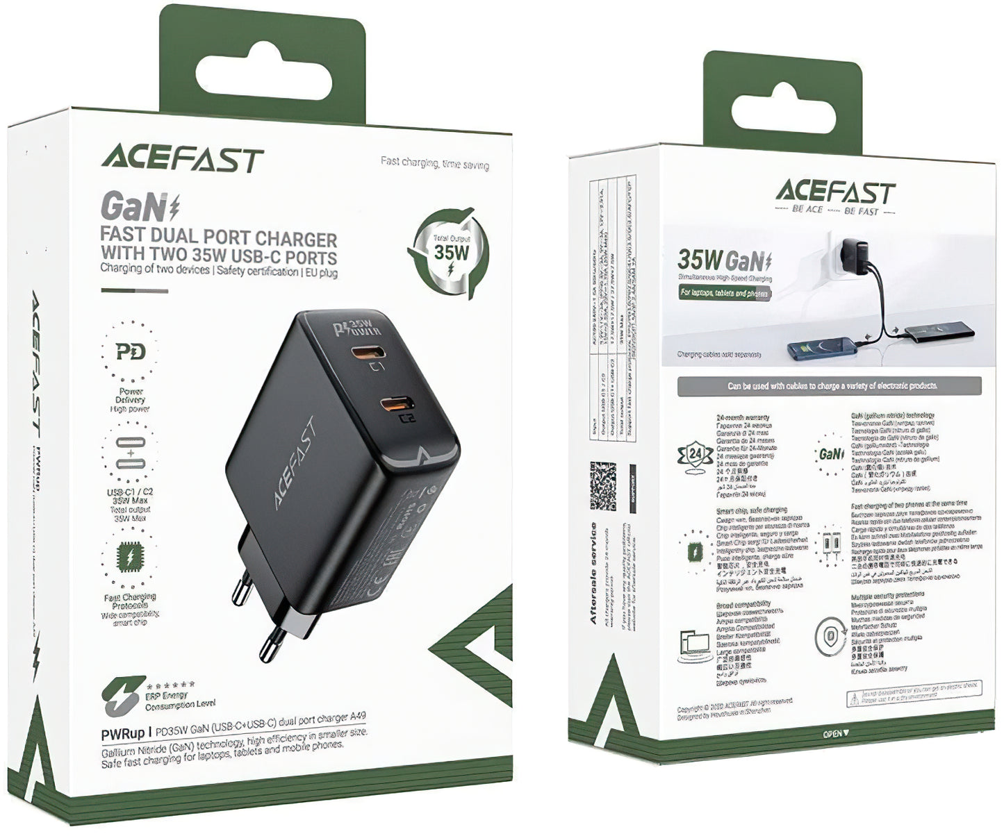 Nettverkslader Acefast A49, 35W, 3A, 2 x USB-C, svart