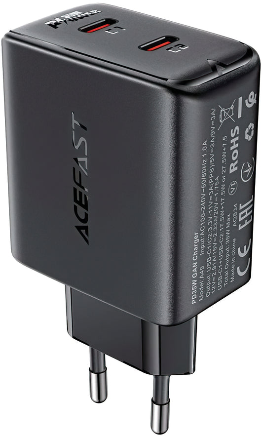 Nettverkslader Acefast A49, 35W, 3A, 2 x USB-C, svart