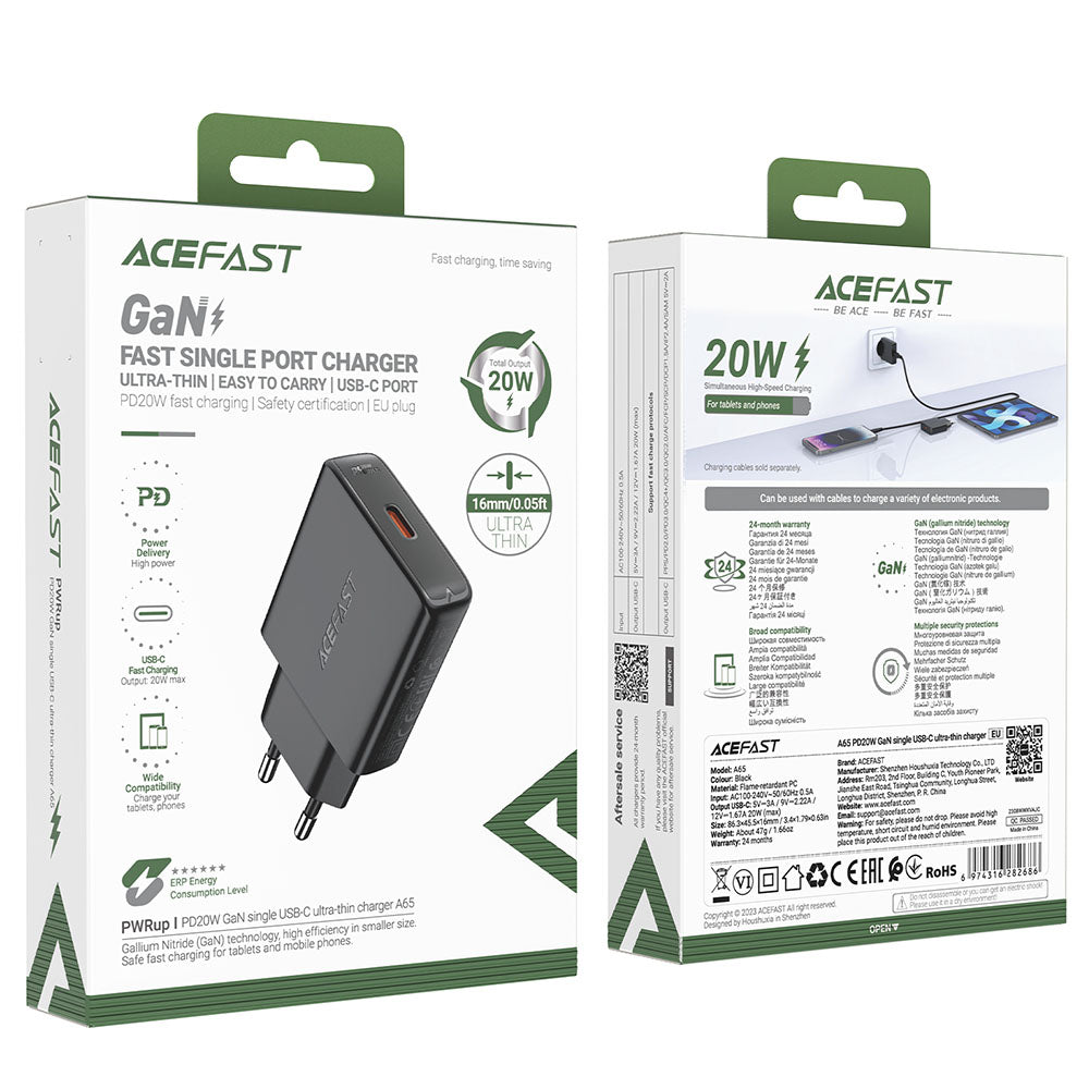 Nettlader Acefast A65, 20W, 3A, 1 x USB-C, Svart