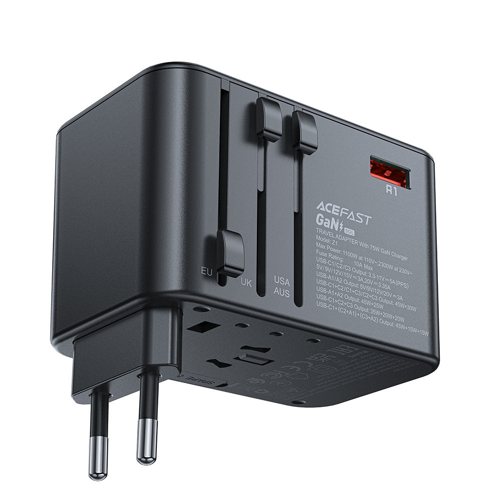 Acefast Travel Z1 nettverkslader, 75W, 3.35A, 2 x USB-A - 3 x USB-C, Svart