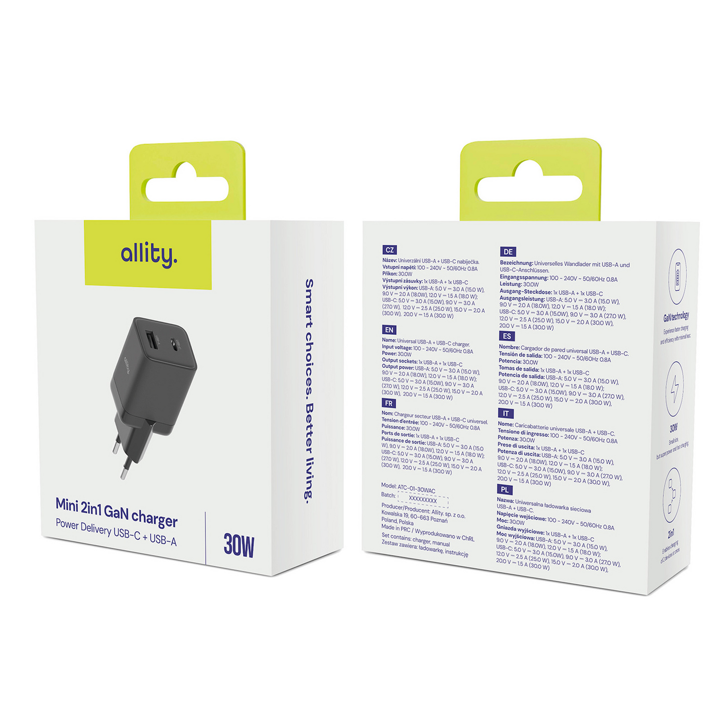 Allity Nettlader. ATC-01-30WAC Mini, 30W, 3A, 1 x USB-A - 1 x USB-C, Svart
