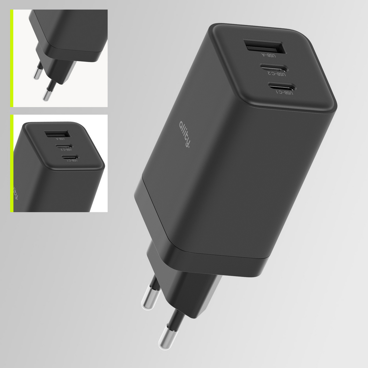 Allity Nettlader. ATC-01-65WACC Fast, 65W, 3.25A, 1 x USB-A - 2 x USB-C, Svart