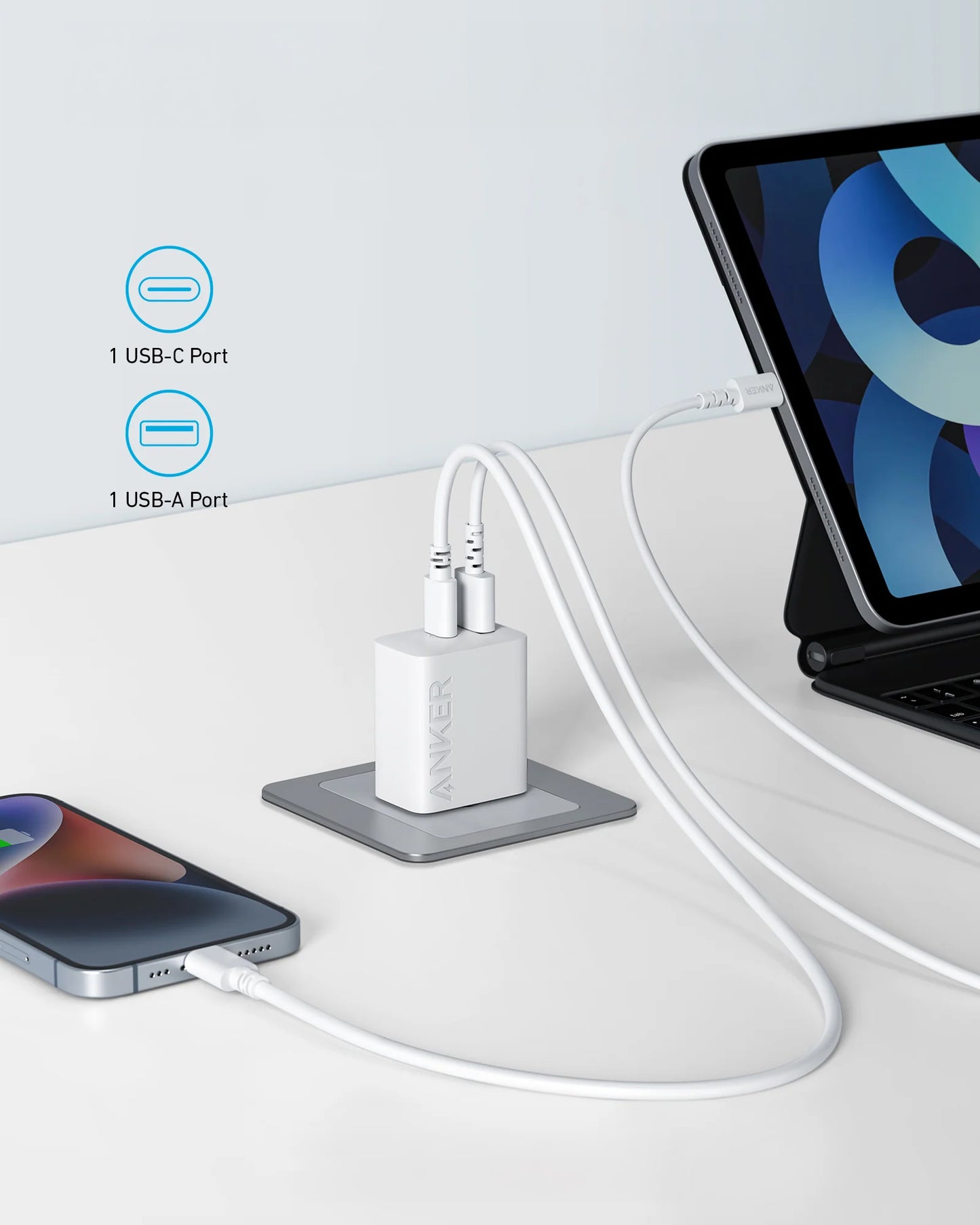 Anker 312 nettverkslader, 20 W, 3 A, 1 x USB-A - 1 x USB-C, hvit A2348G21