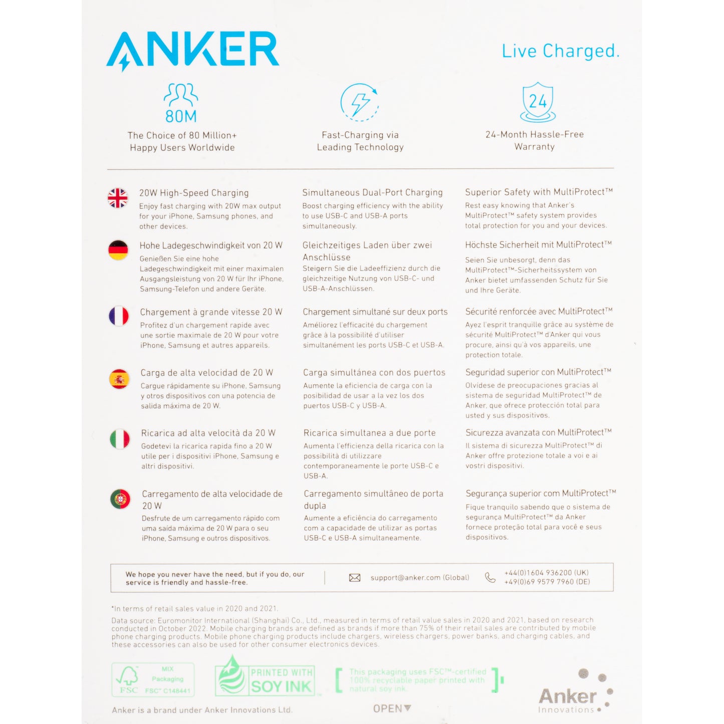 Anker 312 nettverkslader, 20 W, 3 A, 1 x USB-A - 1 x USB-C, hvit A2348G21