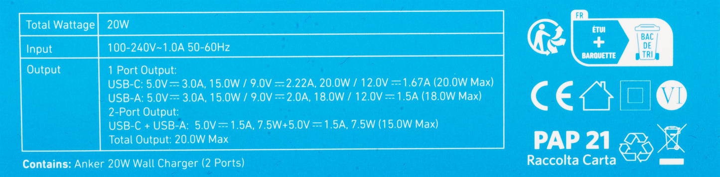 Anker 312 nettverkslader, 20 W, 3 A, 1 x USB-A - 1 x USB-C, hvit A2348G21