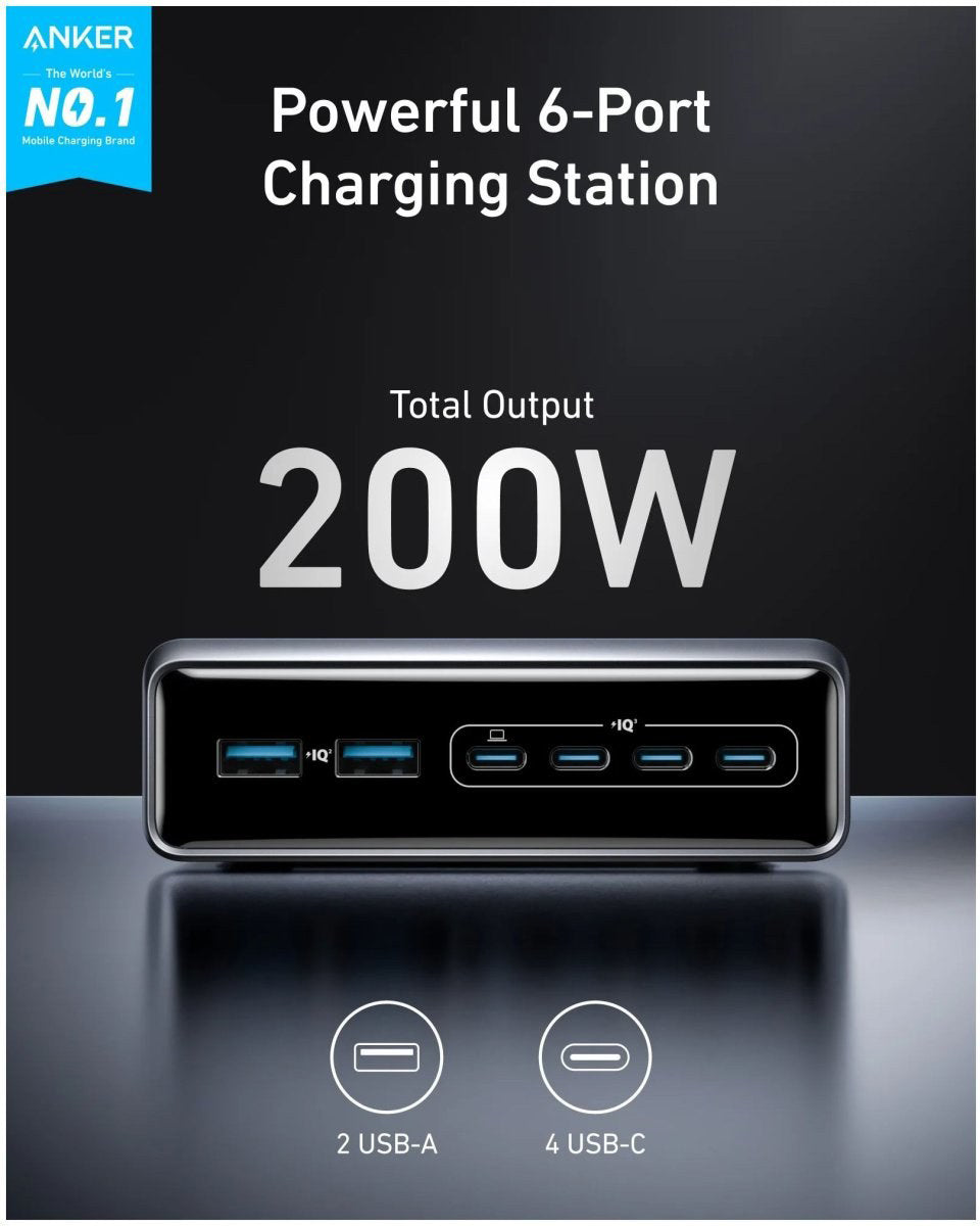 Anker Prime Station lader, 200 W, 3 A, 2 x USB-A - 4 x USB-C, svart A2683341