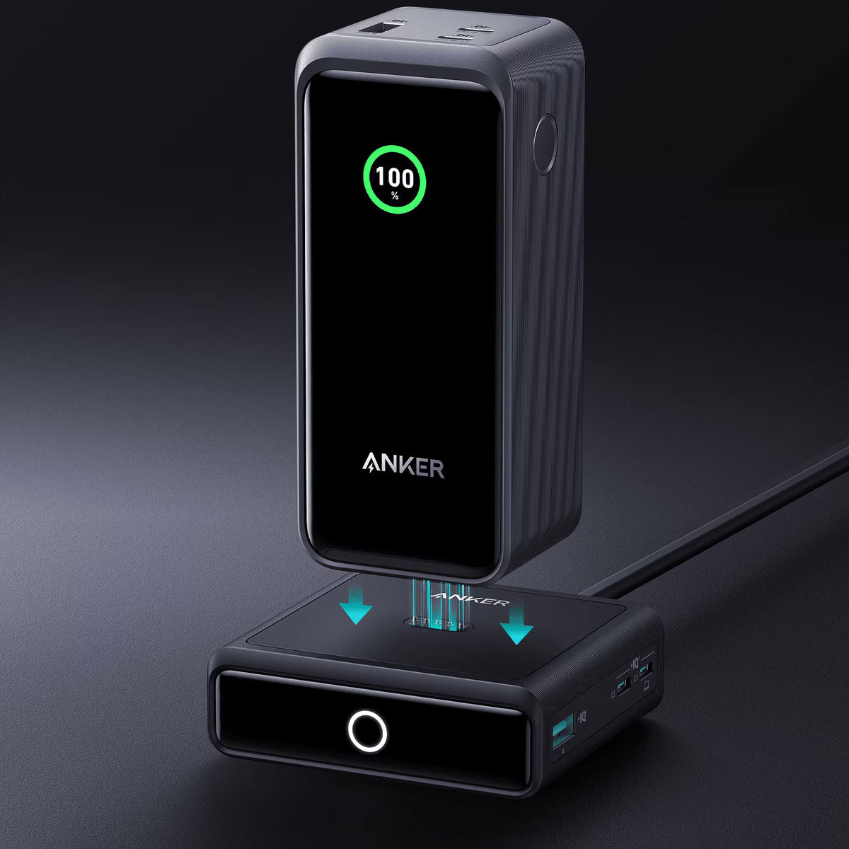 Anker ladestasjon for ekstern batteri Prime, 100W, 5A, 1 x Pogo Pin - 1 x USB-C - 2 x USB-A, Svart A1902311