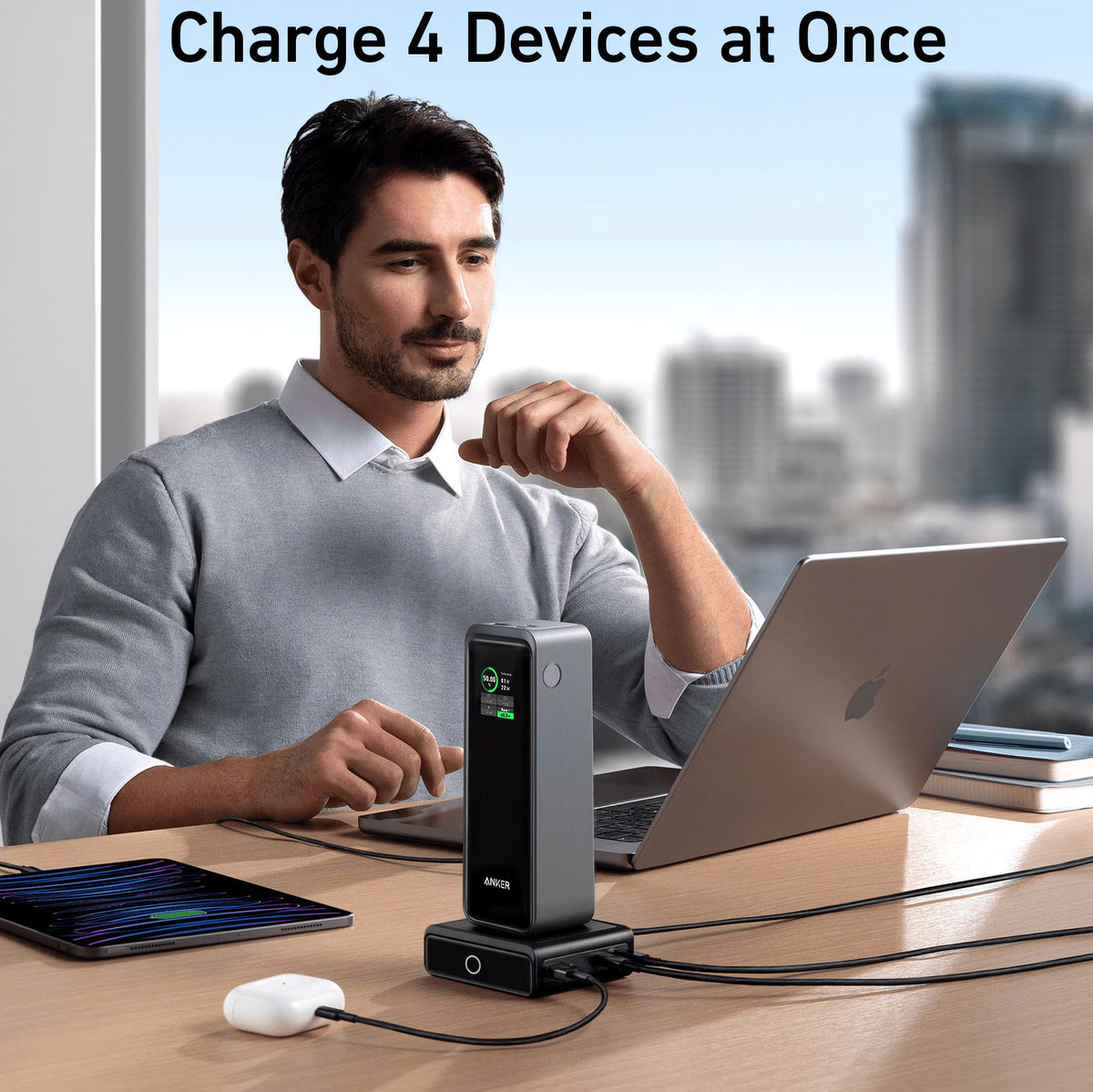 Anker ladestasjon for ekstern batteri Prime, 100W, 5A, 1 x Pogo Pin - 1 x USB-C - 2 x USB-A, Svart A1902311