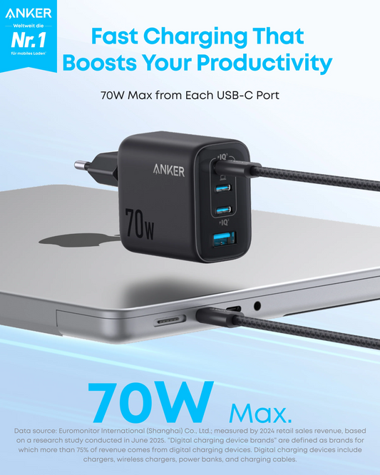 Anker Zolo Nettlader, 70W, 1 x USB-A - 3 x USB-C, Svart A121CG11