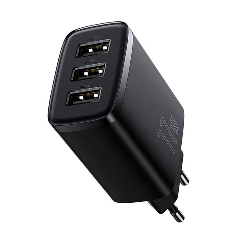 Baseus Compact 3U nettverkslader, 17W, 2.1A, 3 x USB-A, Svart CCXJ020101