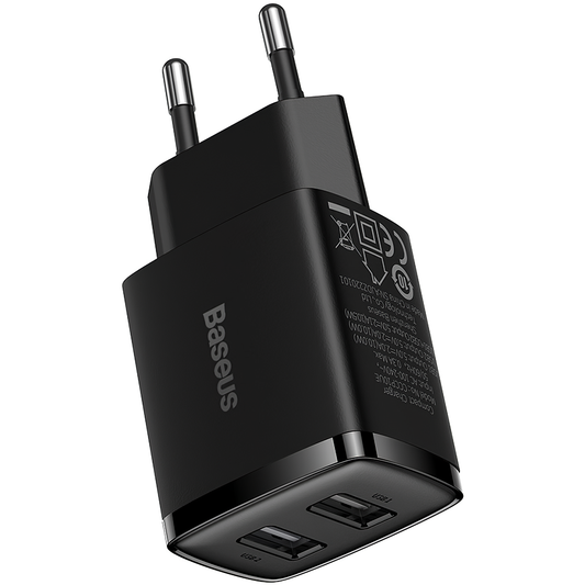 Baseus kompakt nettverkslader, 10,5 W, 2,1 A, 2 x USB-A, svart CCXJ010201