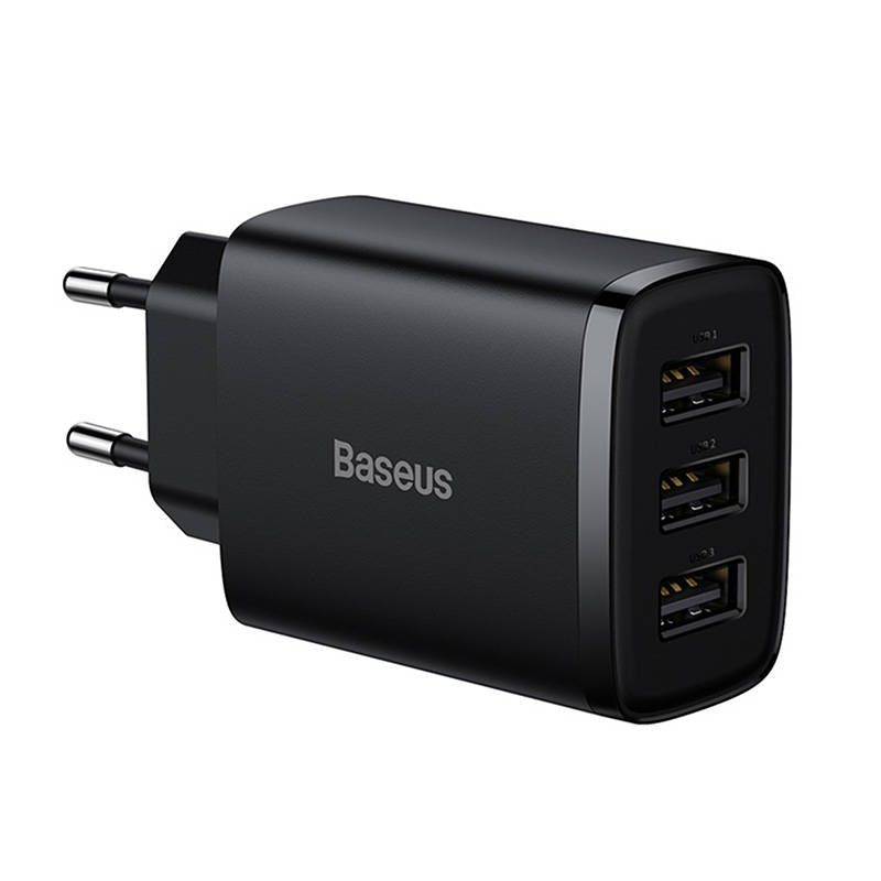 Baseus Compact 3U nettverkslader, 17W, 2.1A, 3 x USB-A, Svart CCXJ020101