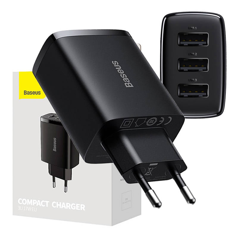 Baseus Compact 3U nettverkslader, 17W, 2.1A, 3 x USB-A, Svart CCXJ020101