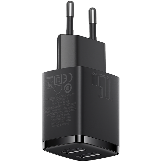 Baseus kompakt nettverkslader, 10,5 W, 2,1 A, 2 x USB-A, svart CCXJ010201