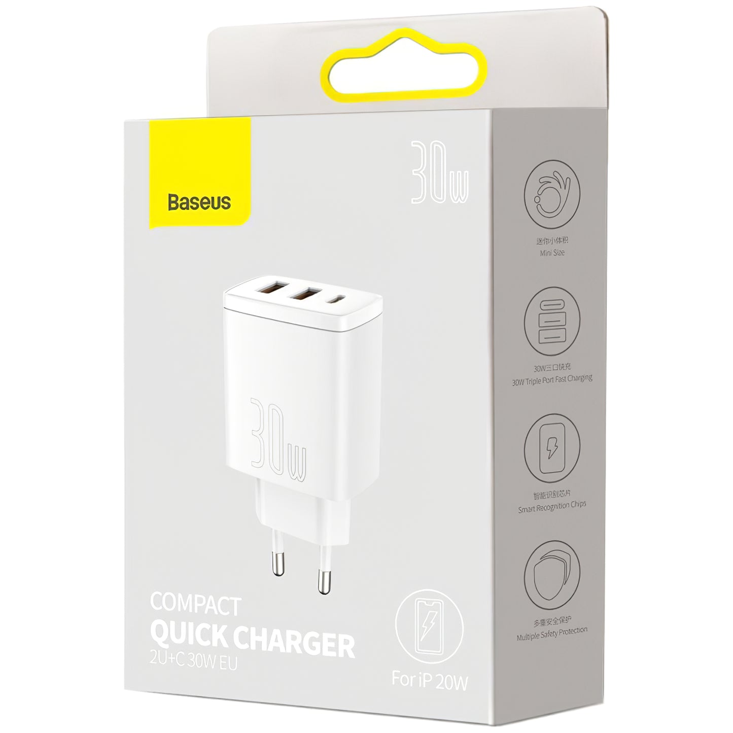 Nettverkslader Baseus Compact, 30 W, 1 x USB-C - 2 x USB-A, hvit CCXJ-E02