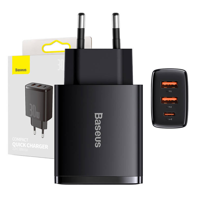 Nettverkslader Baseus Compact, 30W, 3A, 1 x USB-C - 2 x USB-A, svart CCXJ-E01