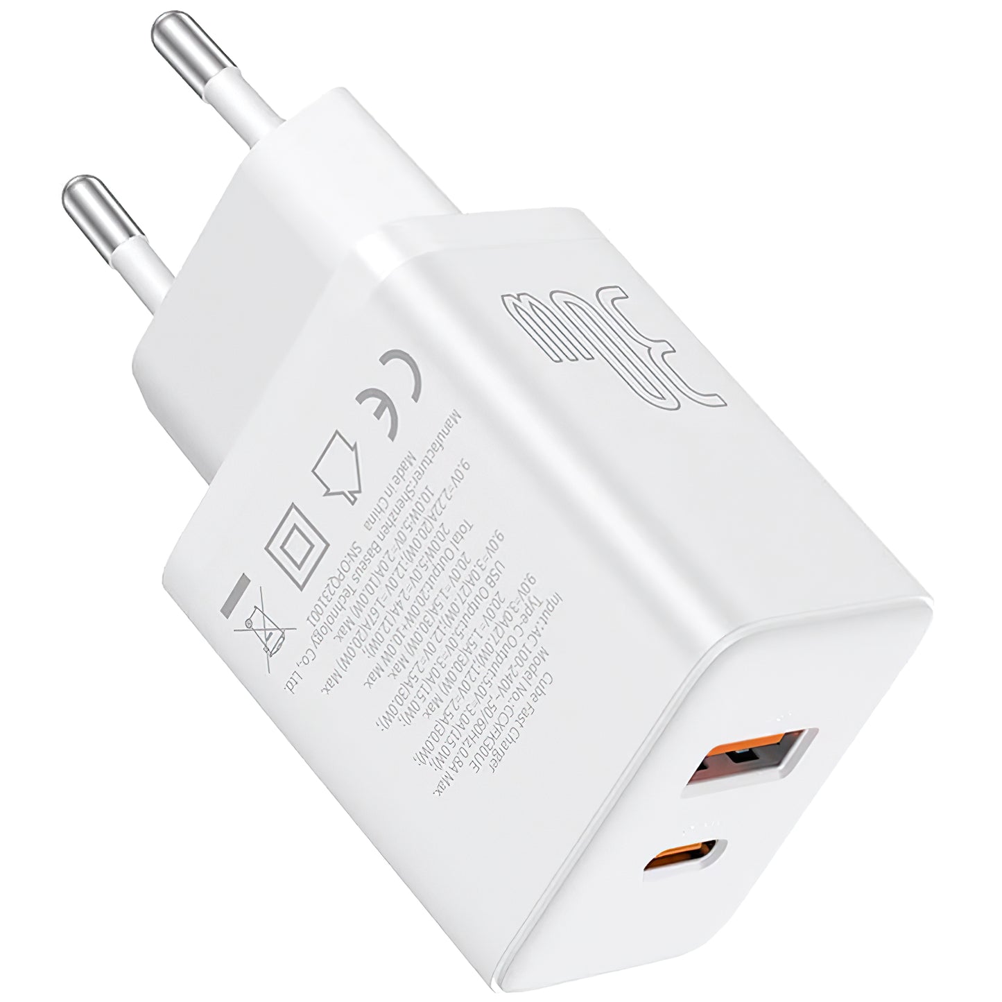 Nettverkslader Baseus Cube, 30W, 2,4A, 1 x USB-A - 1 x USB-C, hvit P10111404213-00