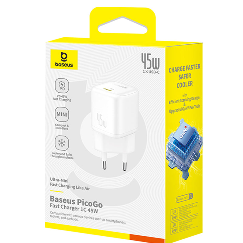 Baseus PicoGo Nettlader, 45W, 3A, 1 x USB-C, Hvit P10176800213-00