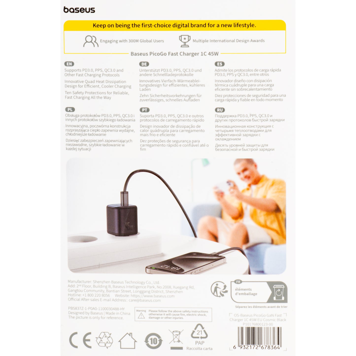 Nettlader Baseus PicoGo, 45W, 3A, 1 x USB-C, Svart P10176800123-00