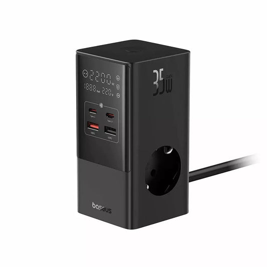 Baseus PowerCombo nettverkslader, 35W, 5A, 2 x USB-A - 2 x USB-C - 3 x Schuko, Svart, Reseglet E00023606113-00